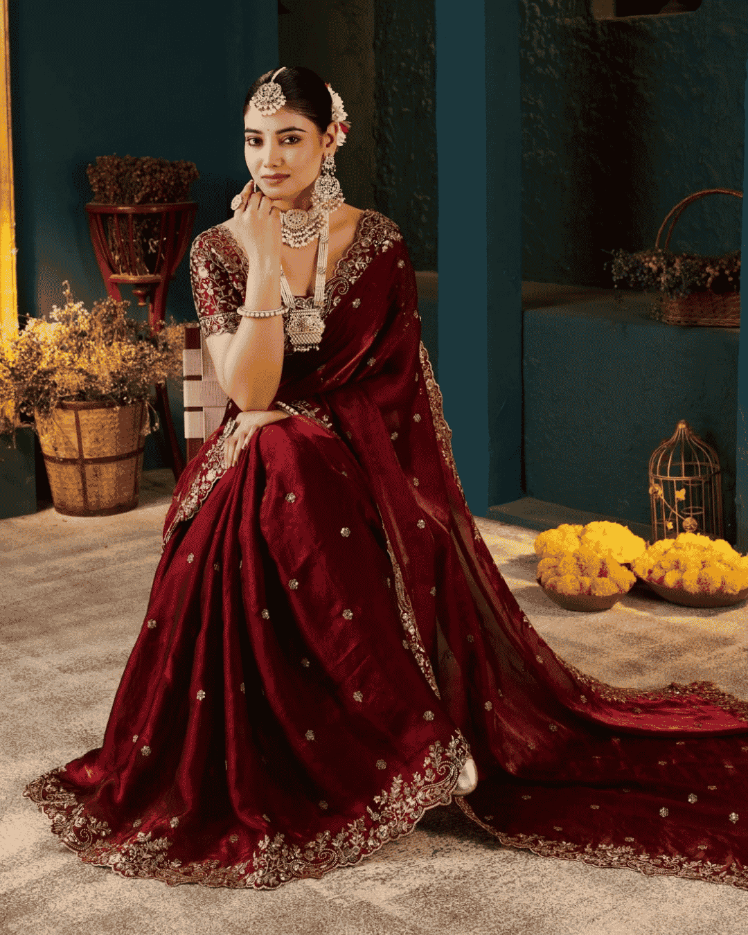 Untitled design (100) Women’s Maroon Embroidered Festive Saree - Image 1