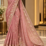 Dusty Rose Floral Embroidered Organza Saree
