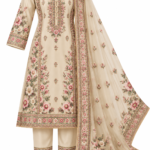 Cream Pink Floral Embroidered 3-Piece Suit Set
