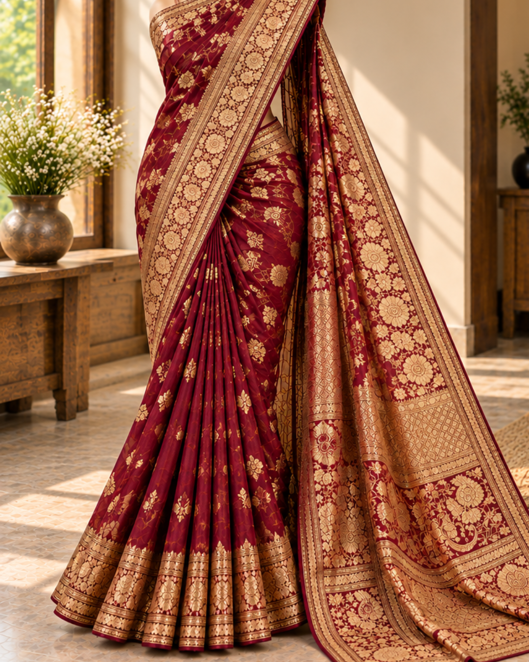 Untitled design - 2026-10-06T235751.414 Maroon Banarasi Silk Saree with Rich Gold Zari - Image 1